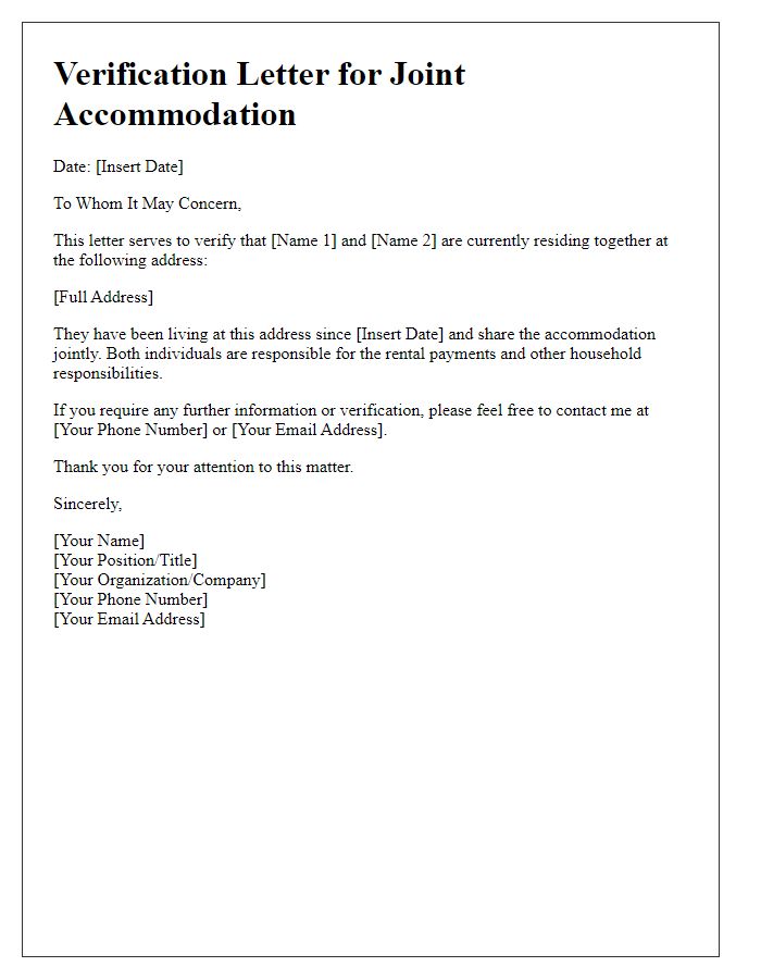 Letter template of verification for joint accommodation