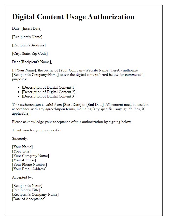 Letter template of digital content usage authorization for commercial use.