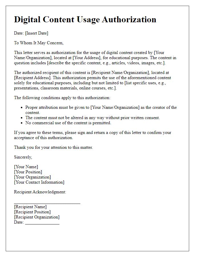 Letter template of digital content usage authorization for educational purposes.