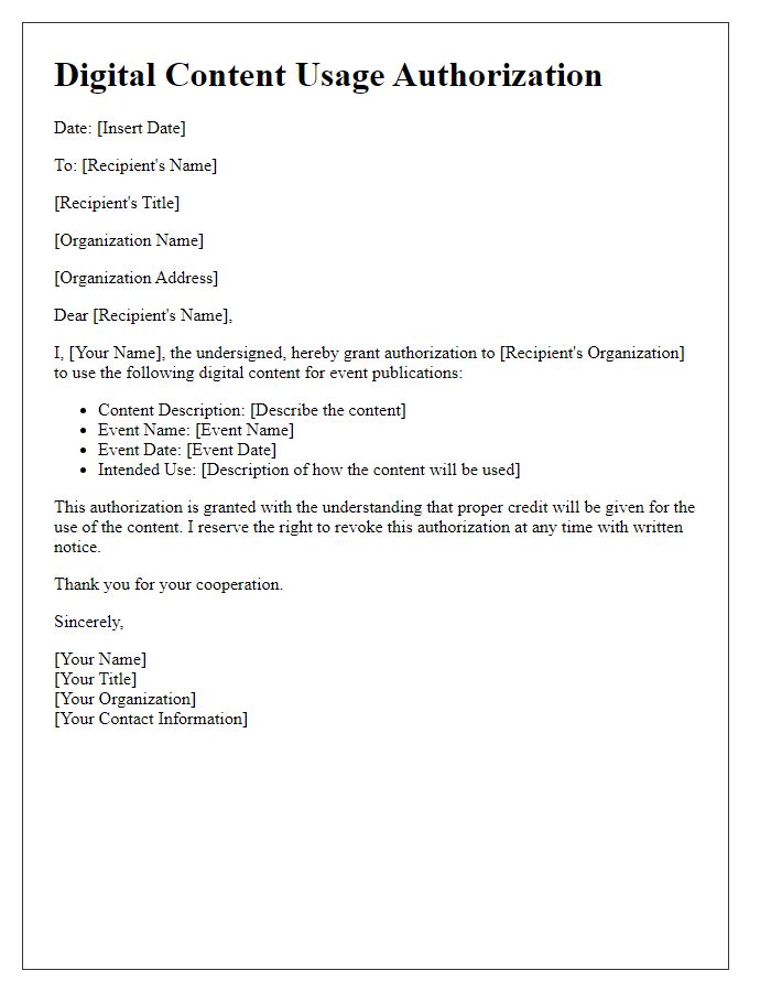 Letter template of digital content usage authorization for event publications.