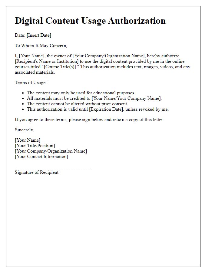 Letter template of digital content usage authorization for online courses.