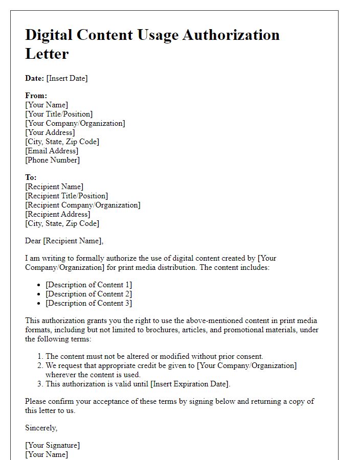 Letter template of digital content usage authorization for print media distribution.