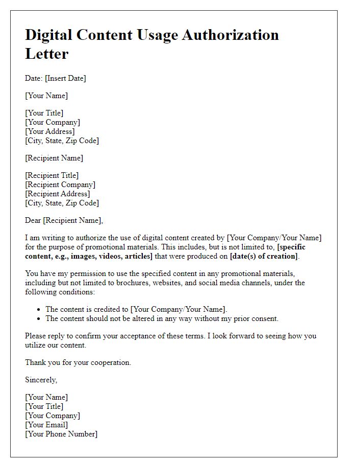 Letter template of digital content usage authorization for promotional materials.