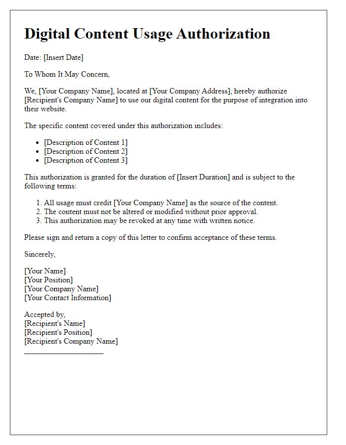 Letter template of digital content usage authorization for website integration.