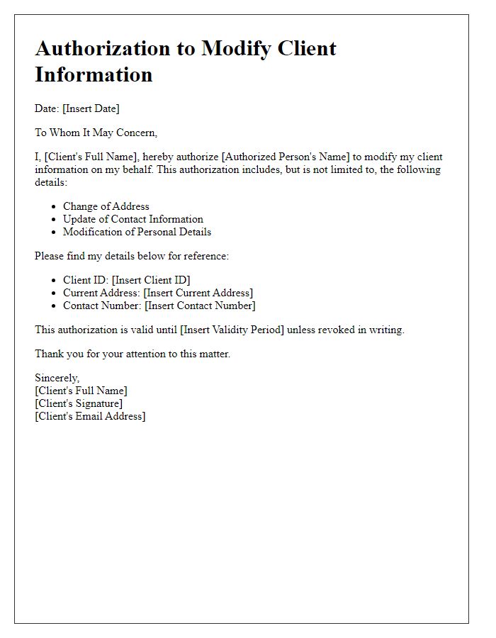 Letter template of Authorization to Modify Client Information