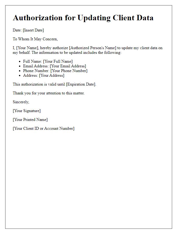 Letter template of Authorization for Updating Client Data