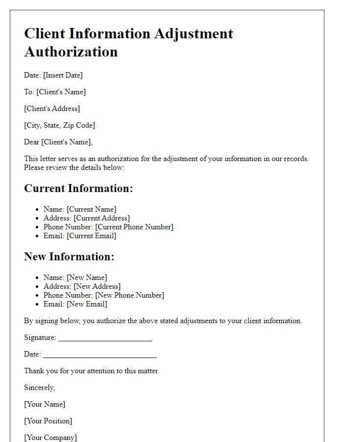 Letter template of Client Information Adjustment Authorization