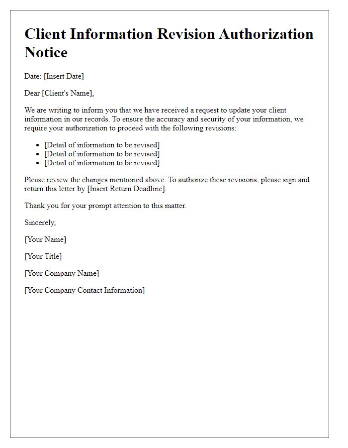 Letter template of Client Information Revision Authorization Notice