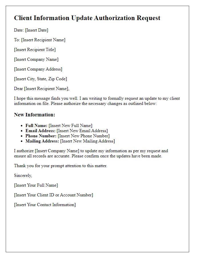 Letter template of Client Information Update Authorization Request