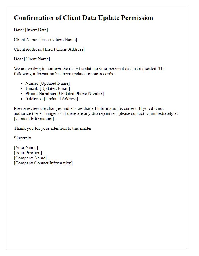 Letter template of Confirmation of Client Data Update Permission