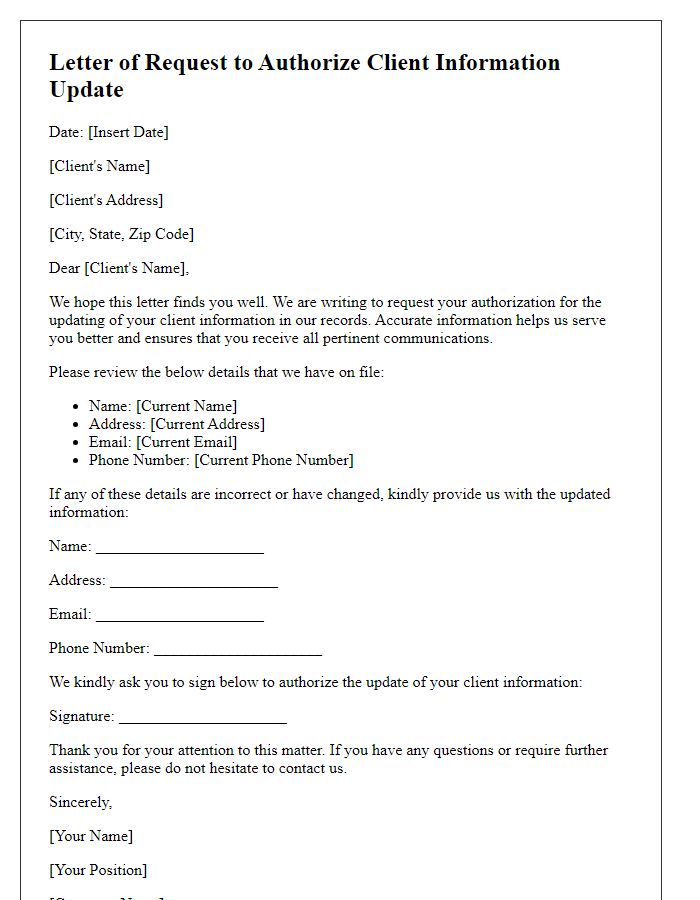 Letter template of Request to Authorize Client Information Update