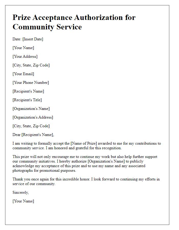 Letter template of Prize Acceptance Authorization for Community Service