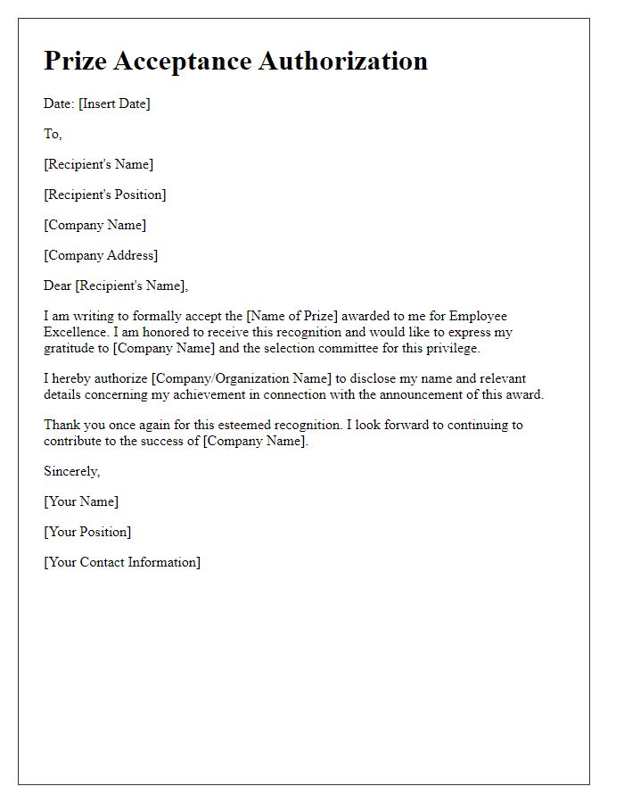 Letter template of Prize Acceptance Authorization for Employee Excellence