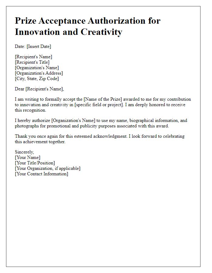 Letter template of Prize Acceptance Authorization for Innovation and Creativity