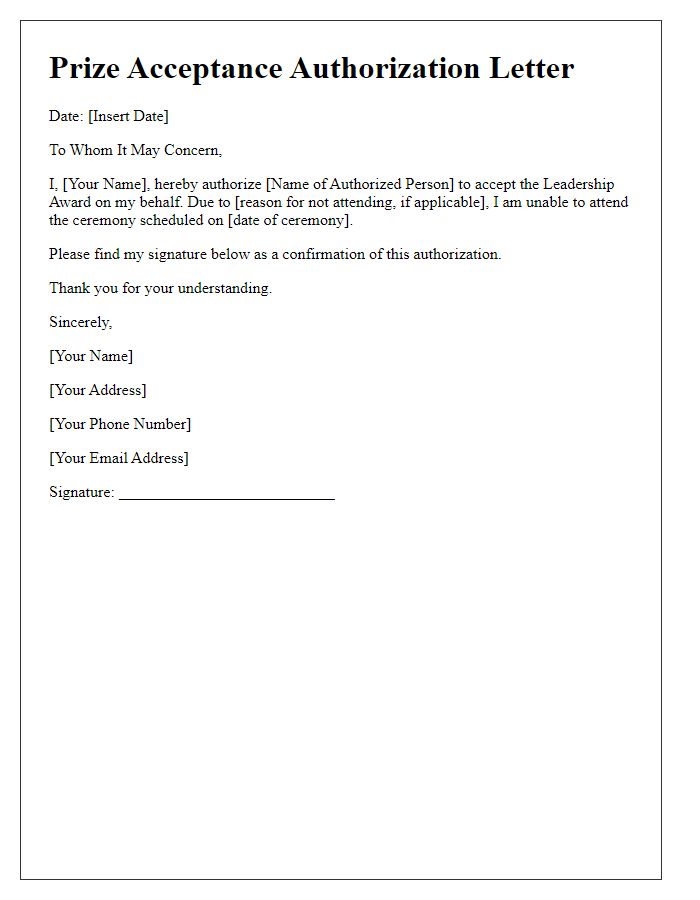 Letter template of Prize Acceptance Authorization for Leadership Award