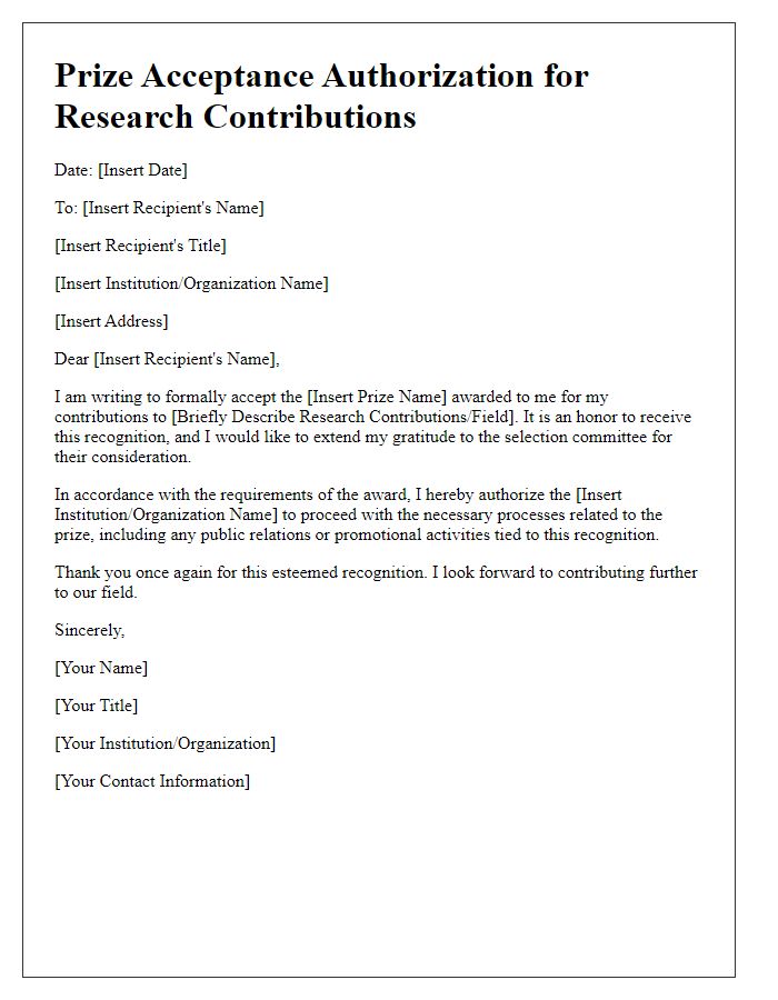 Letter template of Prize Acceptance Authorization for Research Contributions