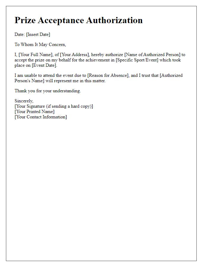 Letter template of Prize Acceptance Authorization for Sports Achievement