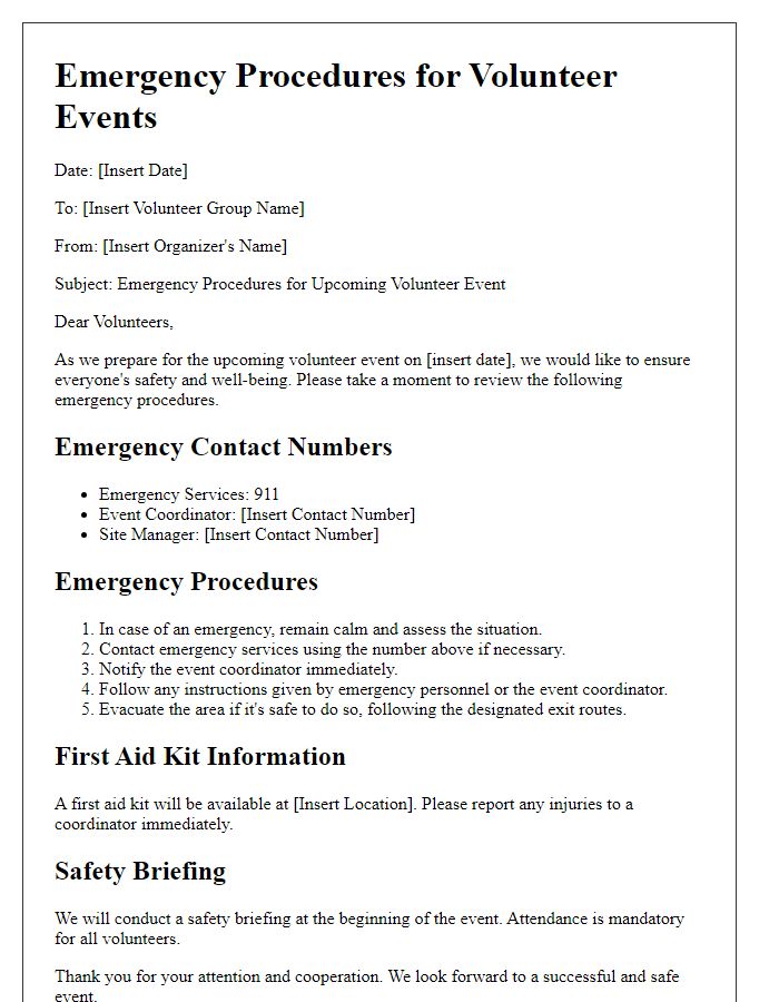 Letter template of Emergency Procedures for Volunteer Events