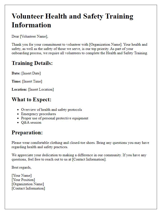 Letter template of Volunteer Health and Safety Training Information