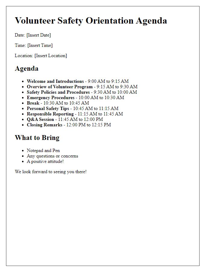 Letter template of Volunteer Safety Orientation Agenda