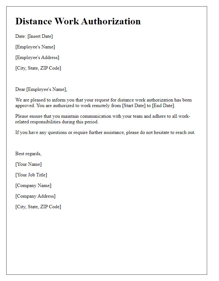 Letter template of distance work authorization