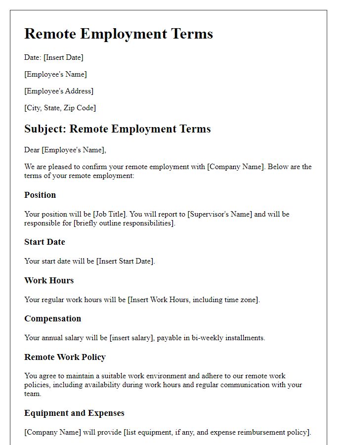 Letter template of remote employment terms