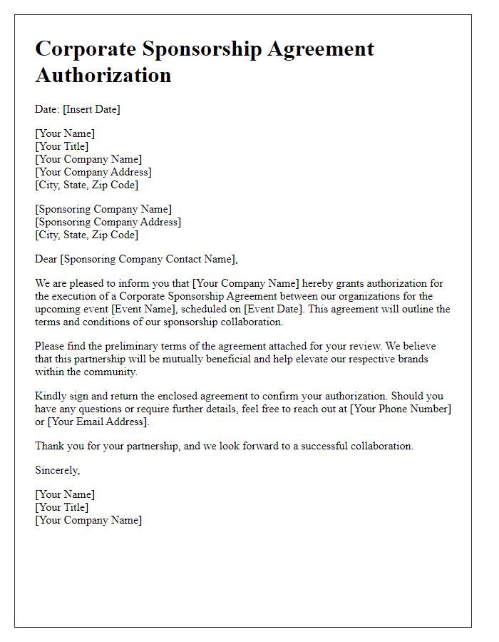 Letter template of Corporate Sponsorship Agreement Authorization