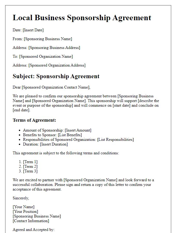 Letter template of Local Business Sponsorship Agreement