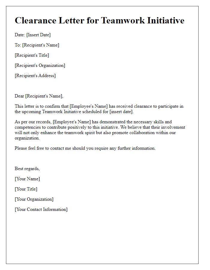 Letter template of clearance for teamwork initiative