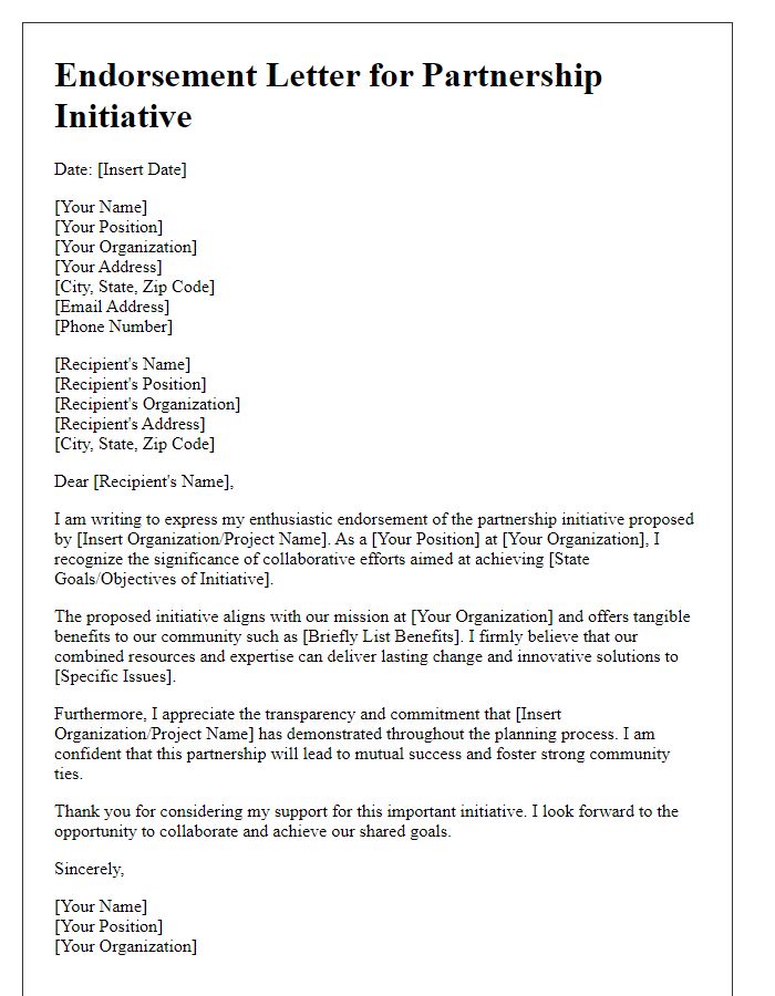 Letter template of endorsement for partnership initiative