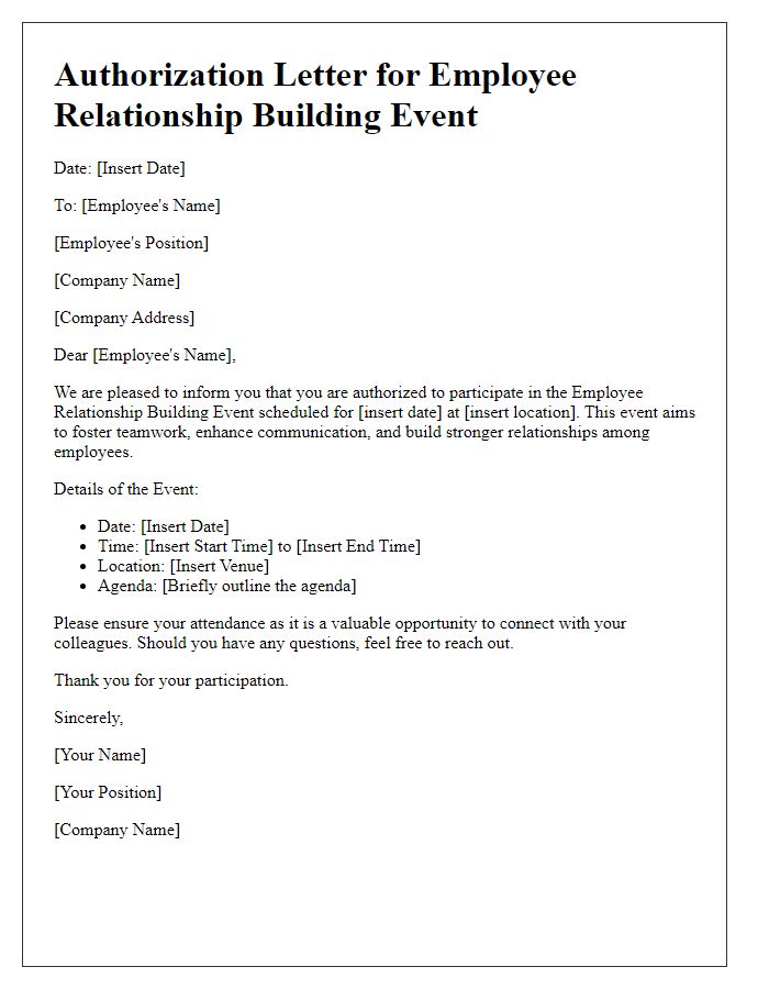 Letter template of authorization for employee relationship building event