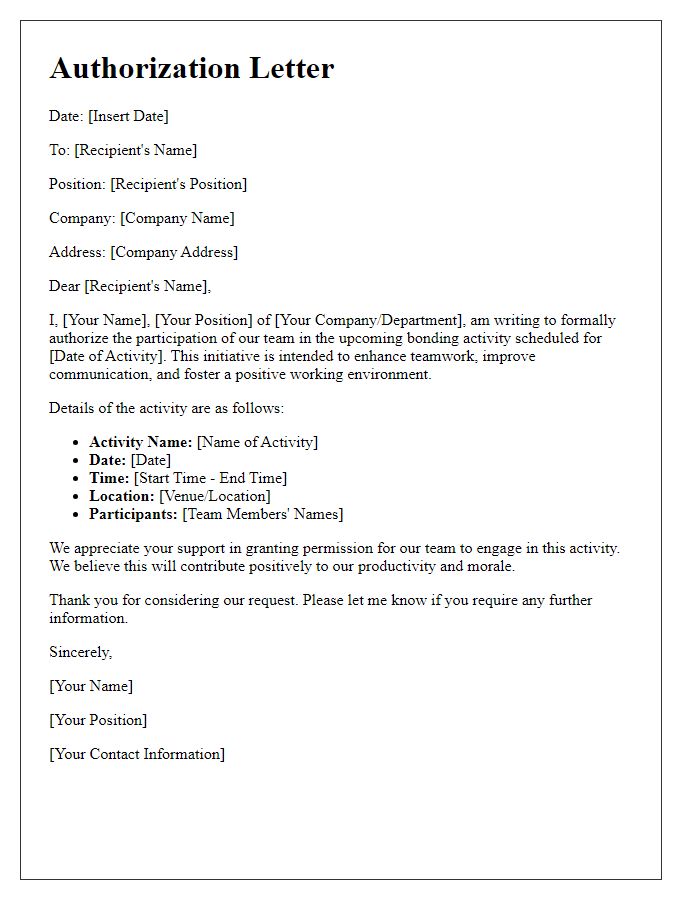 Letter template of authorization for team bonding activity