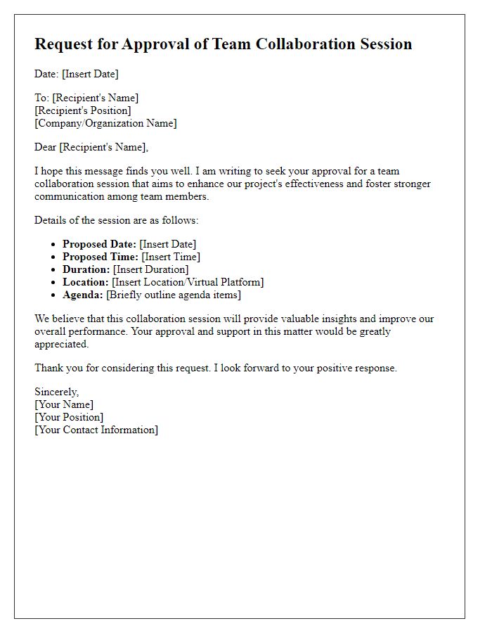 Letter template of request for approval of team collaboration session