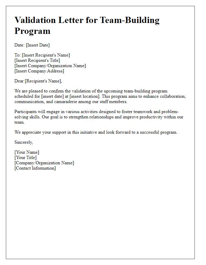 Letter template of validation for staff team-building program