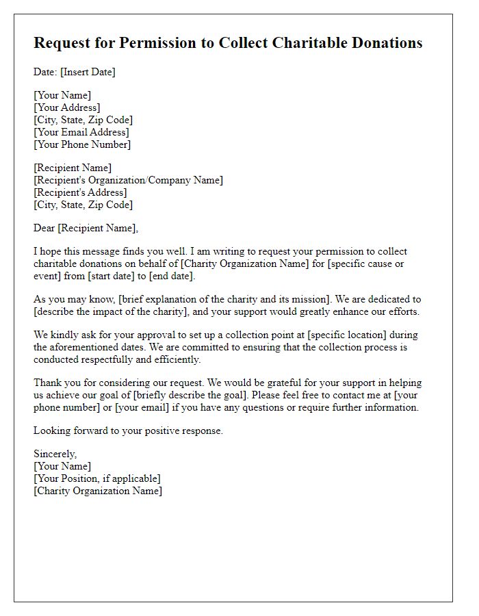 Letter template of charitable donation collection permission request