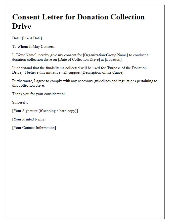 Letter template of consent for donation collection drive