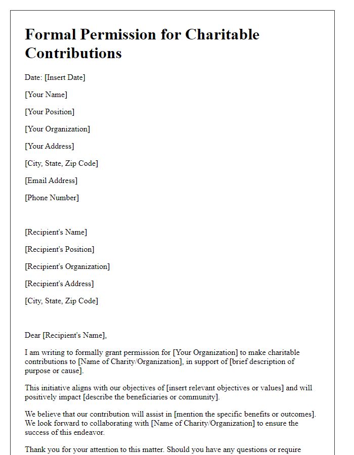 Letter template of formal permission for charitable contributions