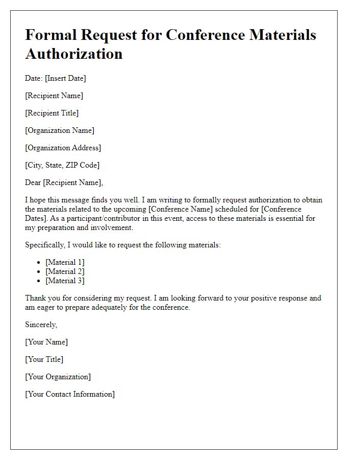 Letter template of formal request for conference materials authorization.