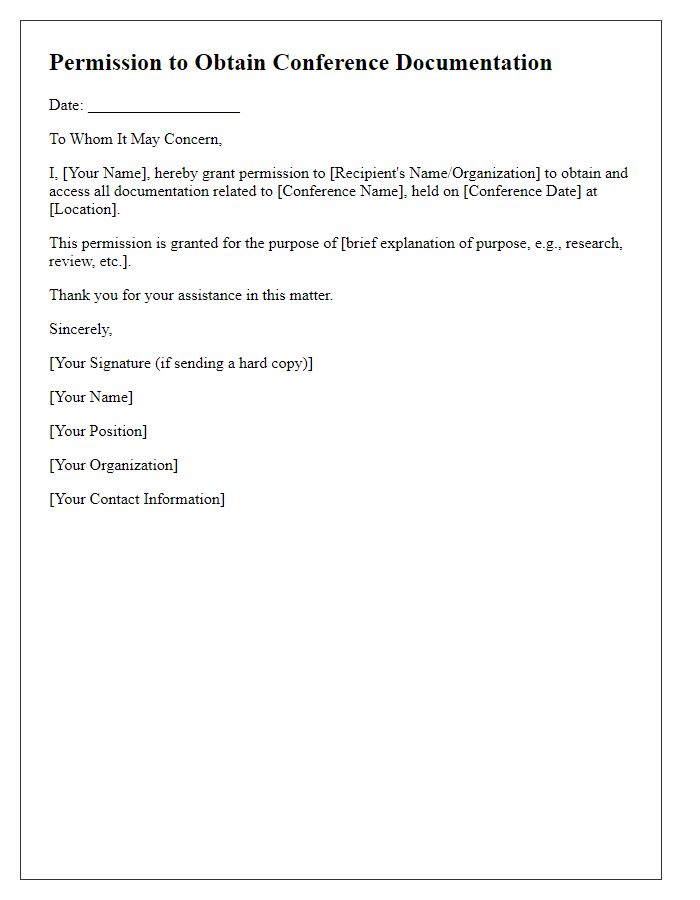 Letter template of permission to obtain conference documentation.