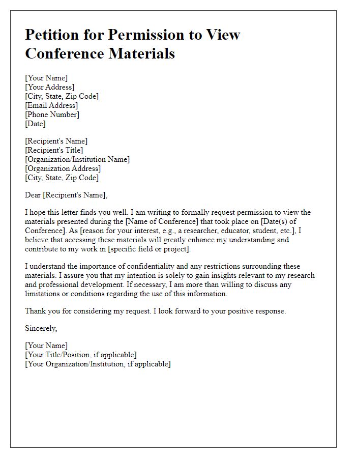 Letter template of petition for permission to view conference materials.