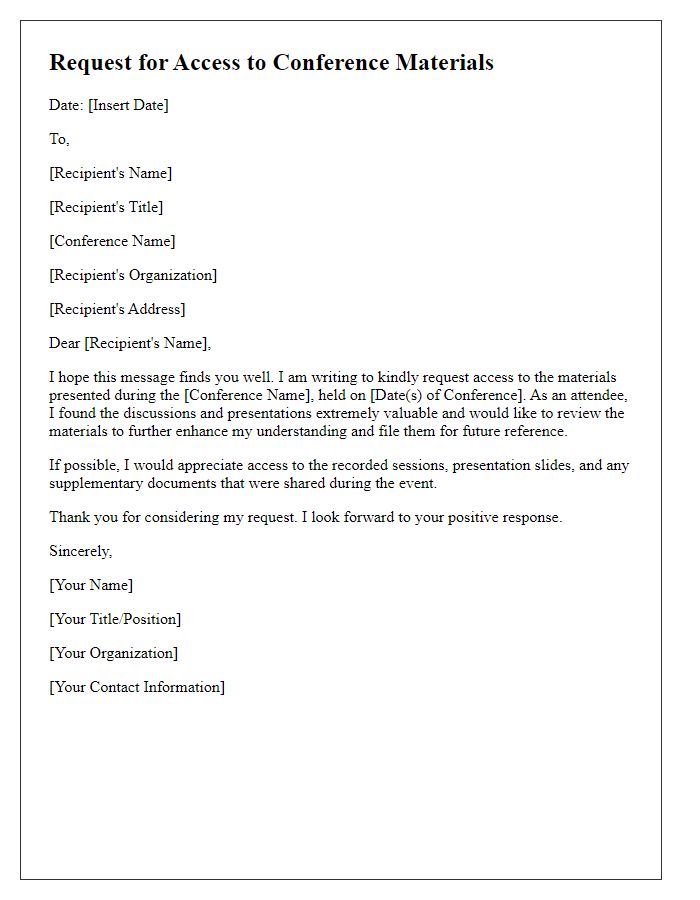 Letter template of request for access to conference materials.