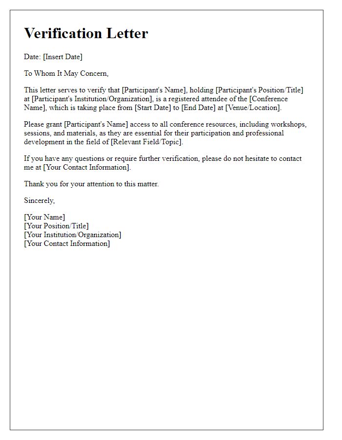 Letter template of verification for accessing conference resources.