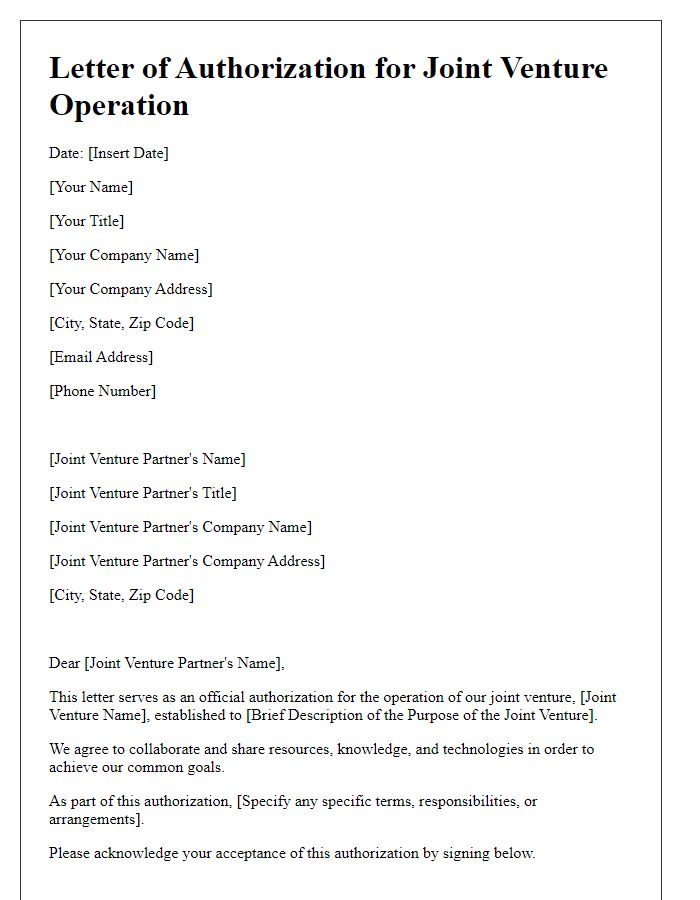 Letter template of Authorization for Joint Venture Operation