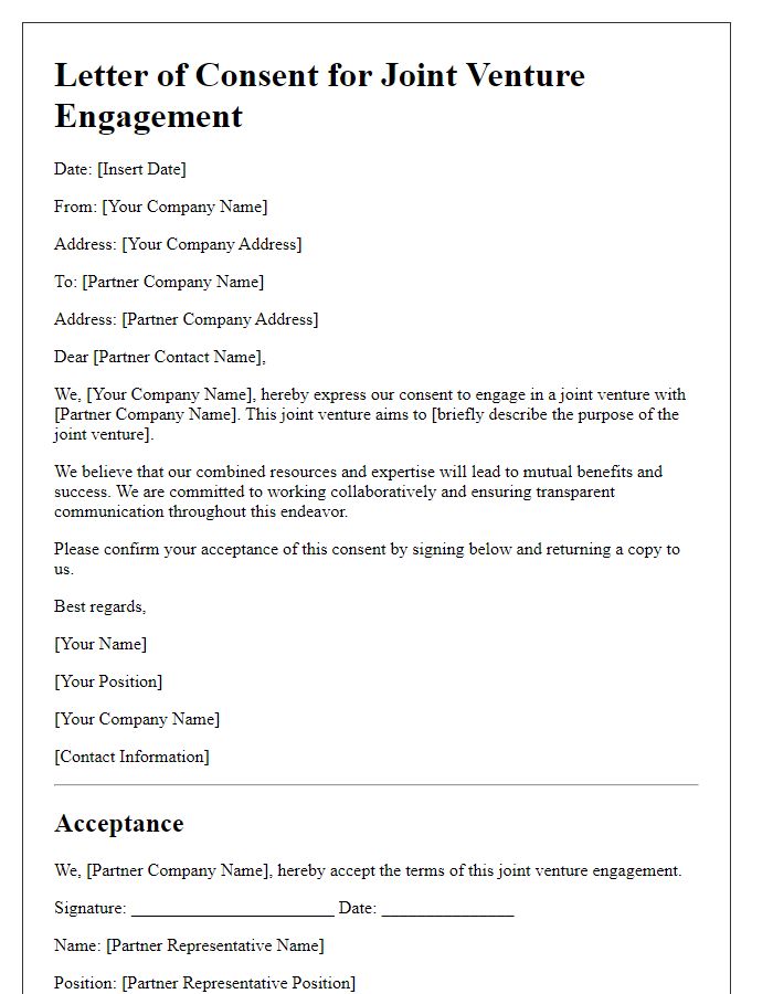 Letter template of Consent for Joint Venture Engagement