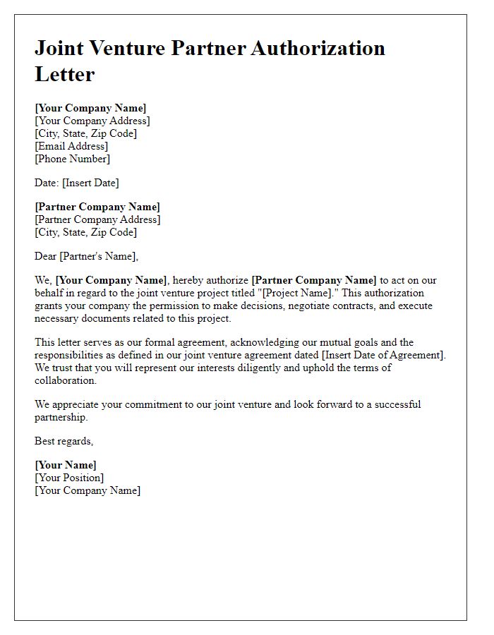 Letter template of formal Joint Venture Partner Authorization