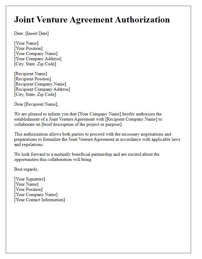 Letter template of Joint Venture Agreement Authorization