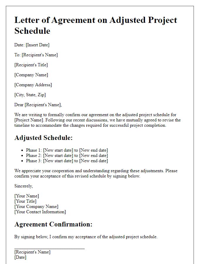 Letter template of agreement on adjusted project schedule.