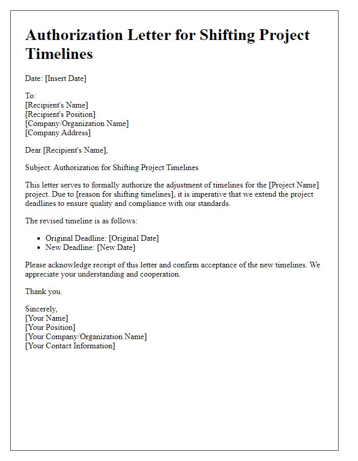 Letter template of authorization for shifting project timelines.