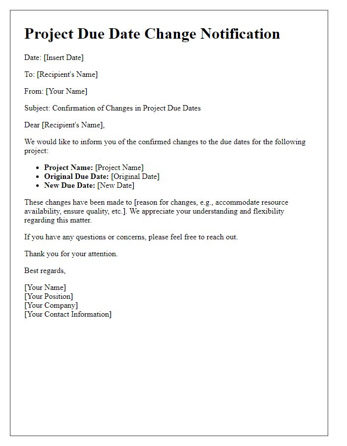 Letter template of confirmed changes in project due dates.