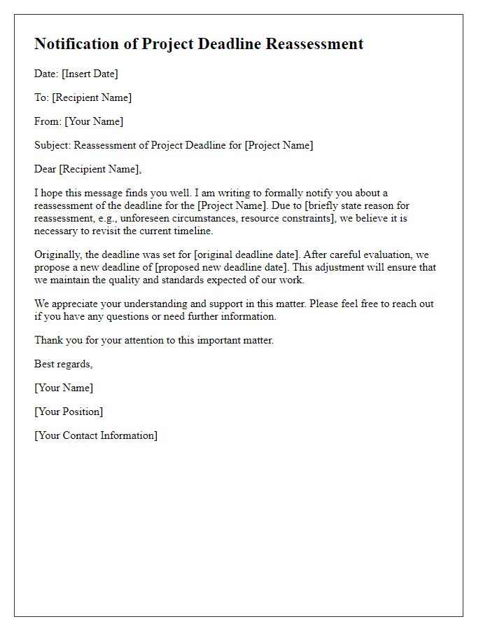 Letter template of notification for project deadline reassessment.